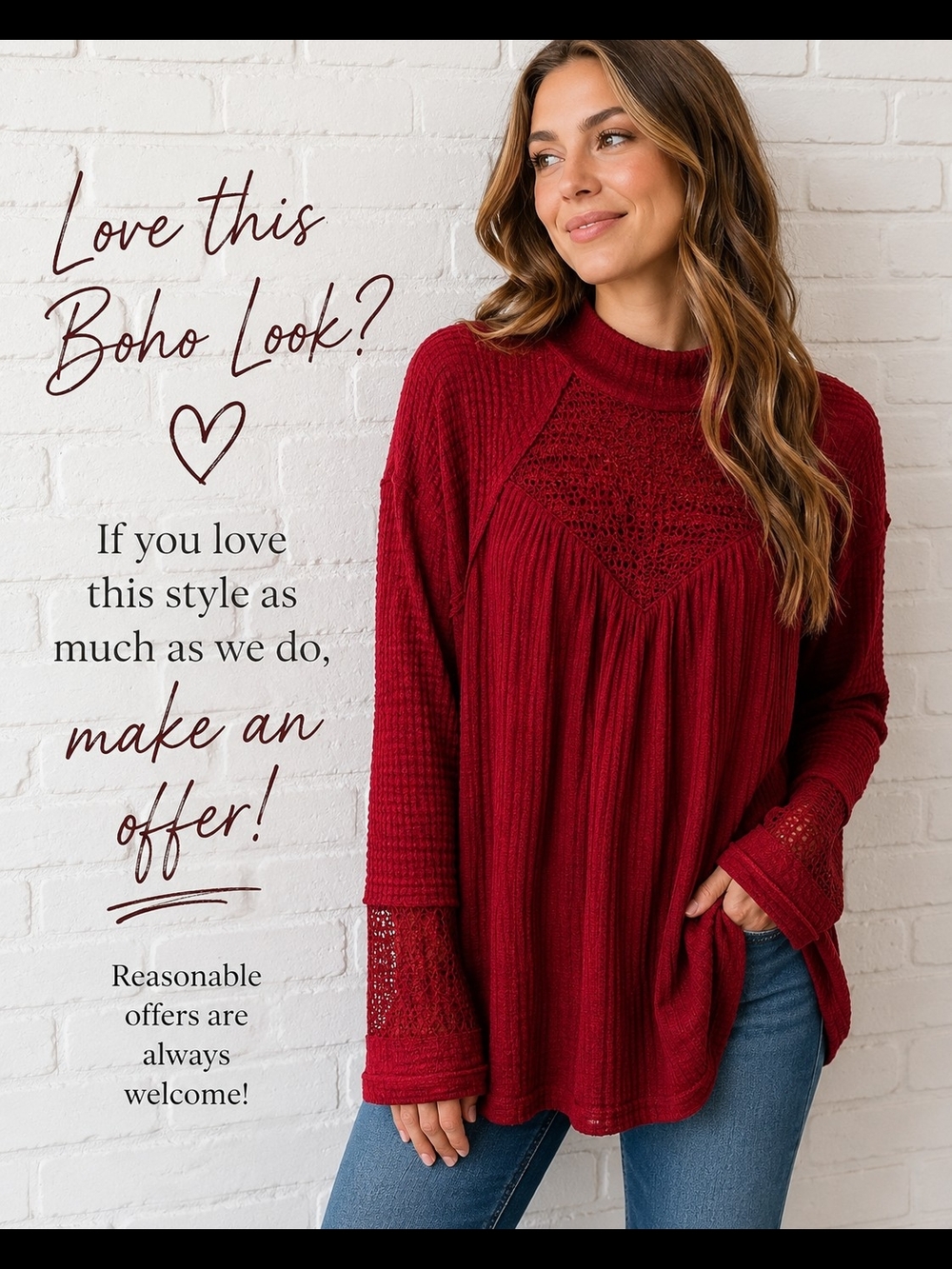 Maurices Red Ribbed Crochet Accent Tunic Top Boho Mock Neck Large